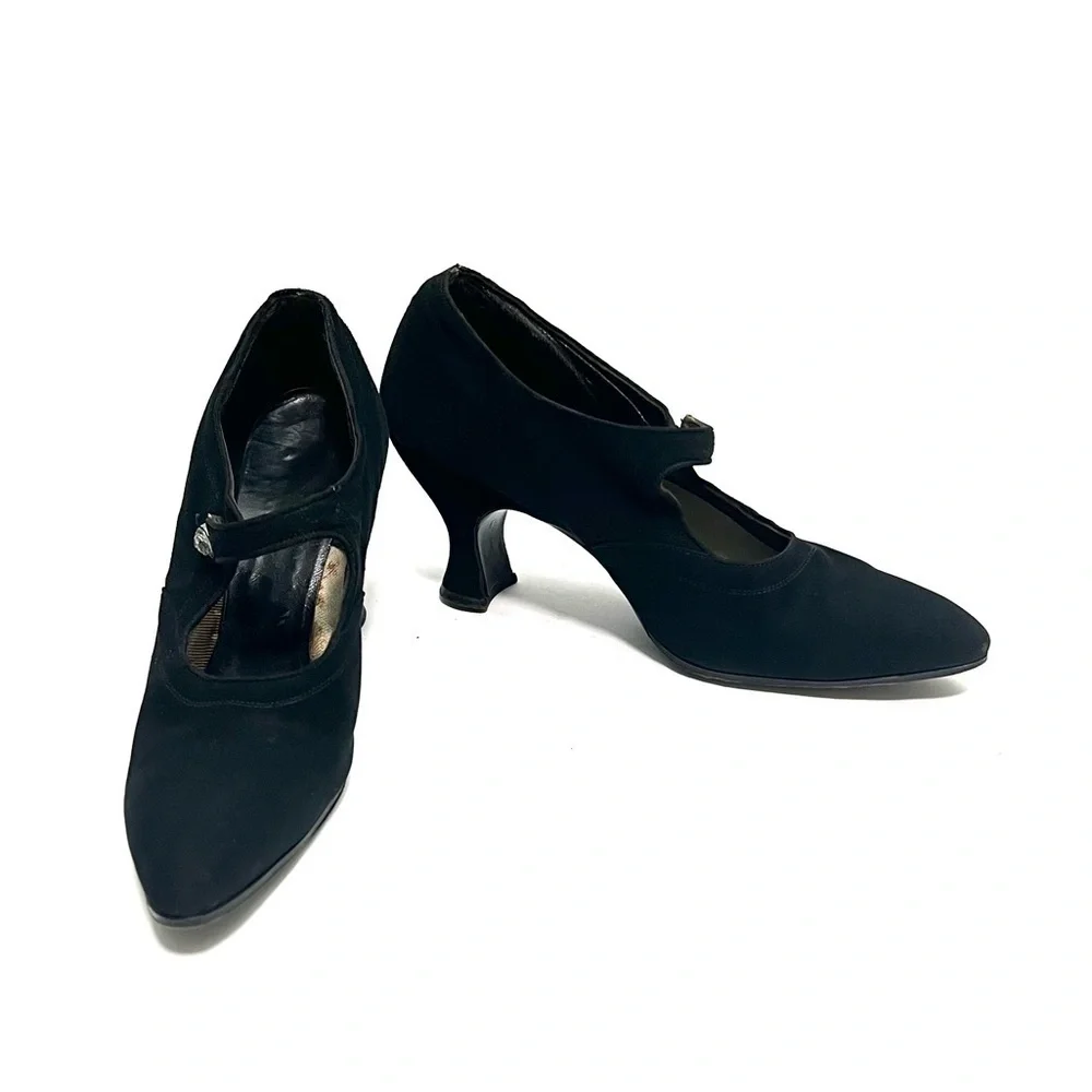 Vintage 1940s black suede pointed toe rhinestone button Mary Jane heels